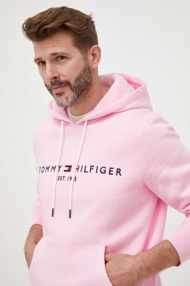 Кофта Tommy Hilfiger чоловіча колір рожевий з капюшоном з аплікацією
