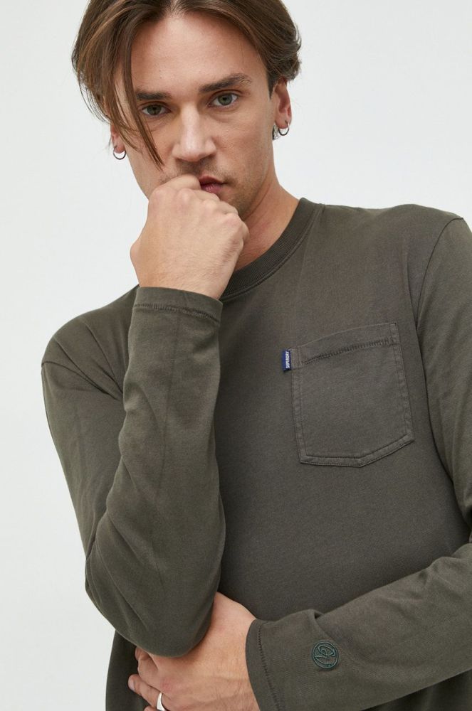 Бавовняний лонгслів Superdry колір зелений однотонний (2781953)