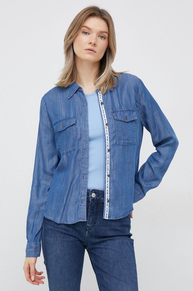 Сорочка Dkny жіноча колір синій regular класичний комір