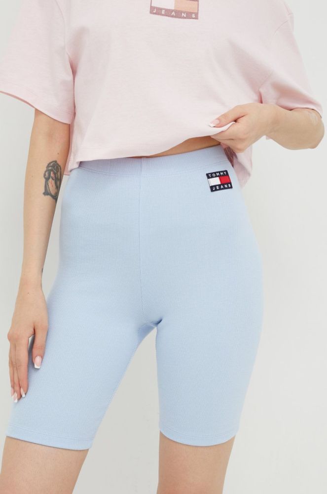 Шорти Tommy Jeans жіночі з аплікацією висока посадка колір блакитний (2501365)