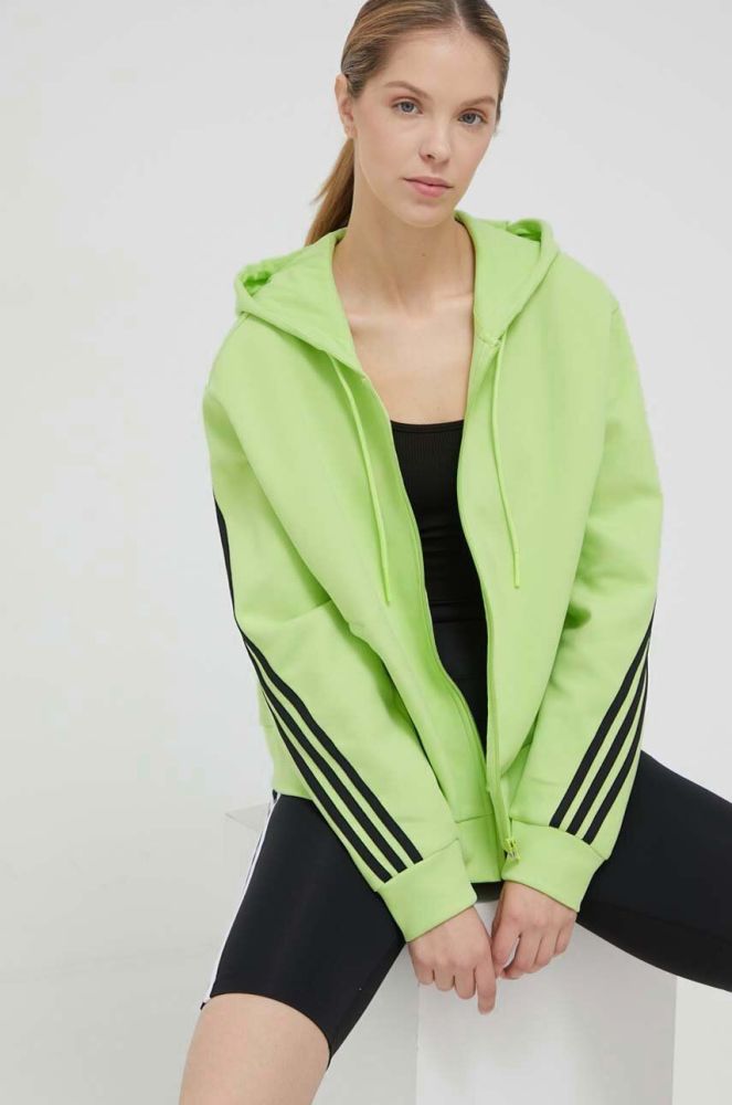 Кофта adidas жіноча колір зелений з капюшоном з аплікацією (3309806)