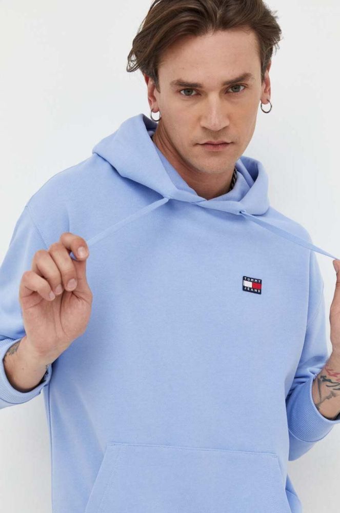 Бавовняна кофта Tommy Jeans чоловіча з капюшоном з аплікацією колір блакитний (3283995)