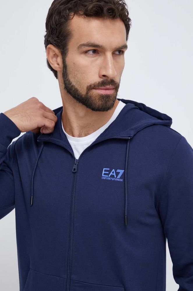 Бавовняна кофта EA7 Emporio Armani чоловіча колір синій з капюшоном з принтом