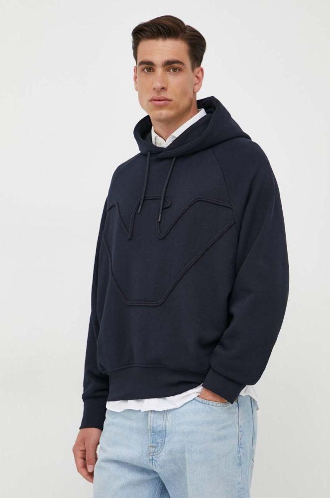 Бавовняна кофта Emporio Armani чоловіча колір синій з капюшоном з аплікацією