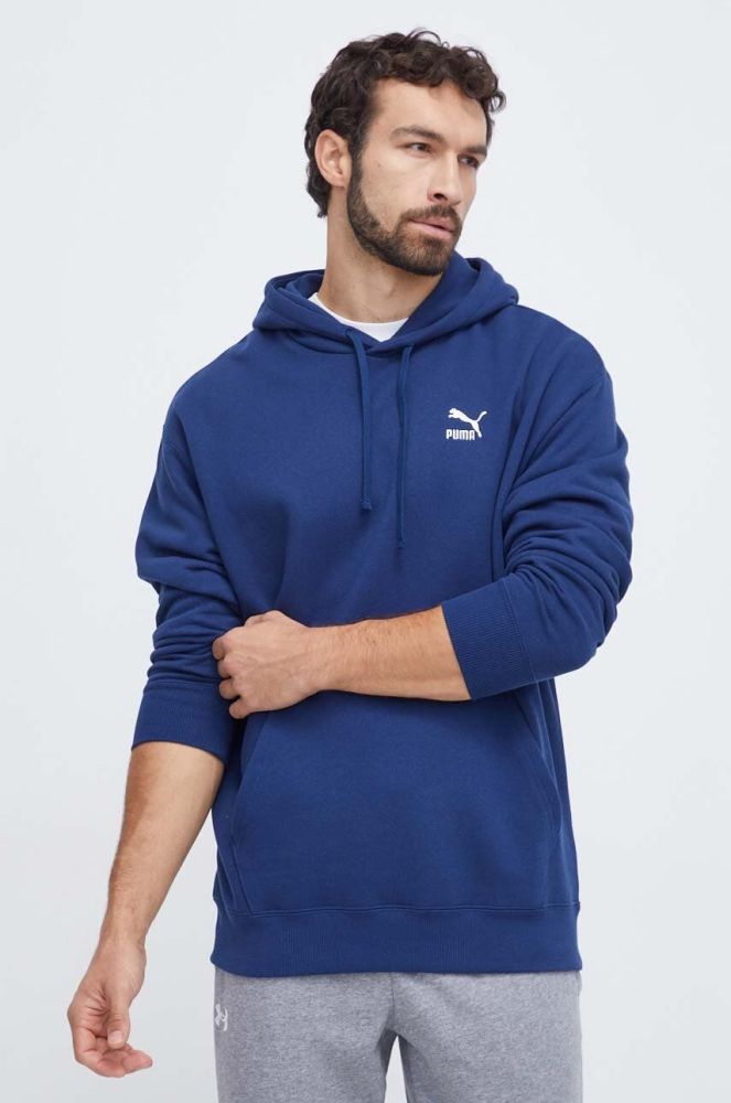 Бавовняна кофта Puma чоловіча колір синій з капюшоном з аплікацією