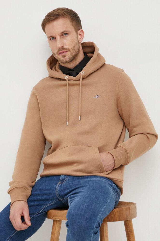 Кофта Gant чоловіча колір бежевий з капюшоном однотонна