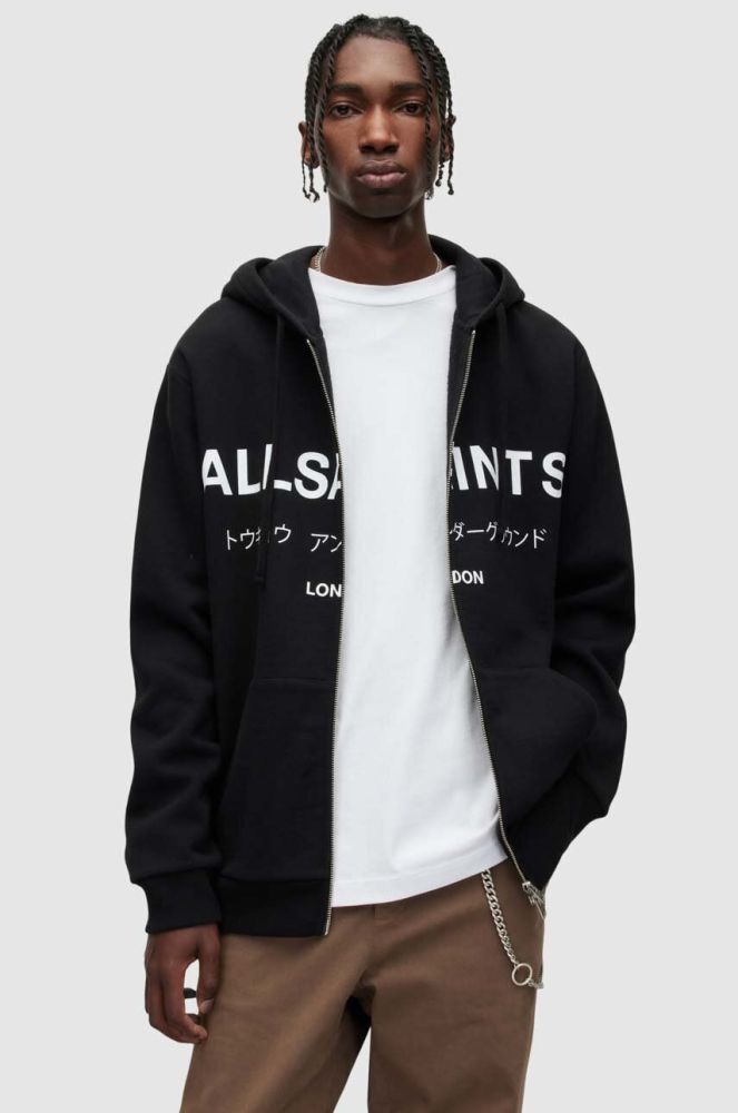 Бавовняна кофта AllSaints UNDERGROUND чоловіча колір чорний з капюшоном з принтом