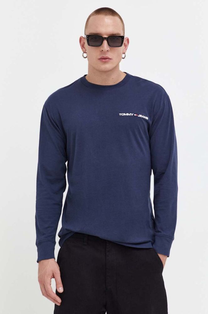 Бавовняний лонгслів Tommy Jeans колір синій однотонний (3517551)