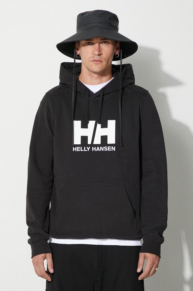 Бавовняна кофта Helly Hansen чоловіча колір чорний з капюшоном з аплікацією 33977-597