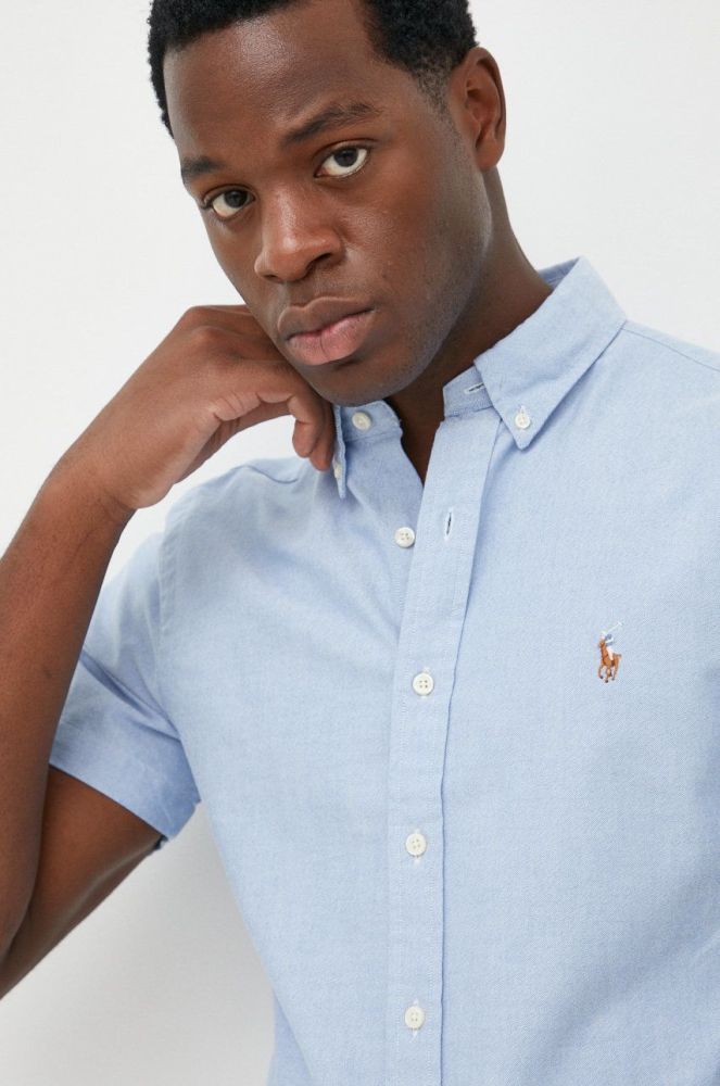 Бавовняна сорочка Polo Ralph Lauren чоловіча slim комір button-down колір блакитний (2635697)