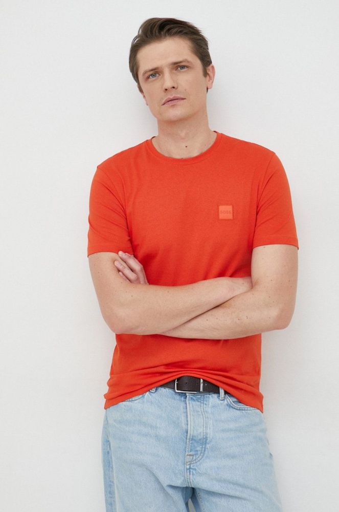 Бавовняна футболка BOSS Boss Casual колір червоний з аплікацією
