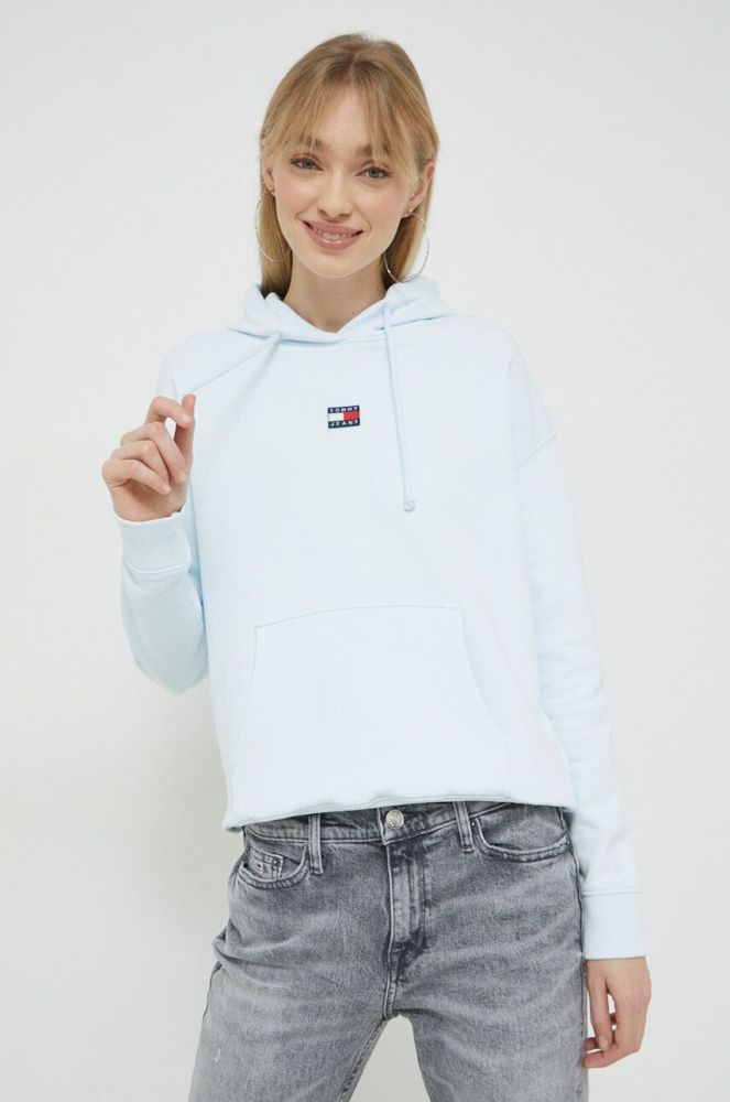 Бавовняна кофта Tommy Jeans жіноча з капюшоном з аплікацією колір блакитний