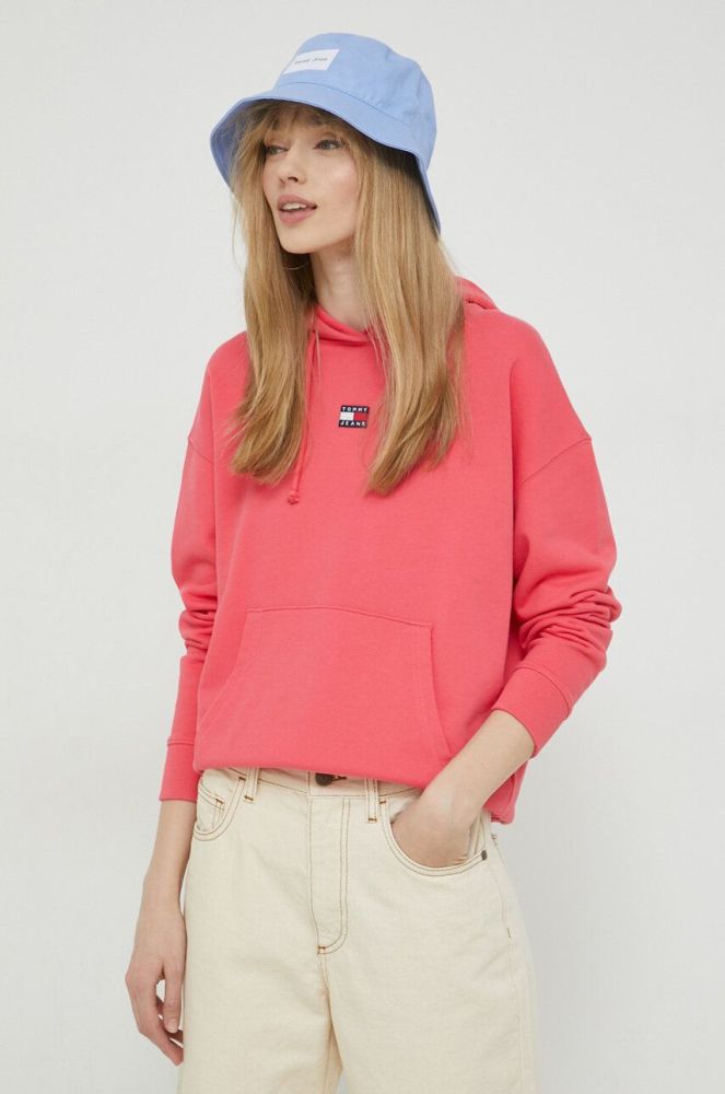 Бавовняна кофта Tommy Jeans жіноча колір рожевий з капюшоном з аплікацією (2983421)