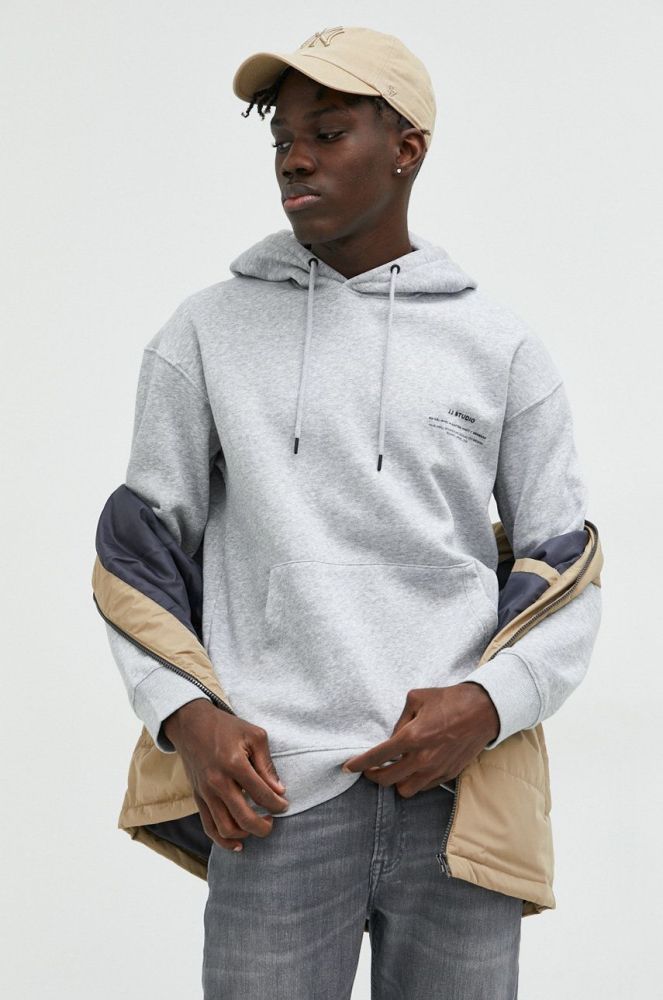 Кофта Jack & Jones JJEFELIX чоловіча колір сірий з капюшоном з принтом 12226495