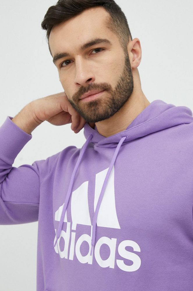 Бавовняна кофта adidas чоловіча колір фіолетовий з капюшоном з принтом
