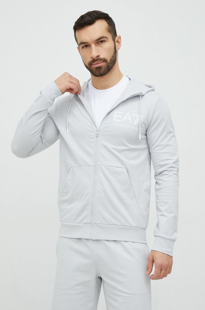 Кофта EA7 Emporio Armani чоловіча колір сірий з капюшоном з принтом