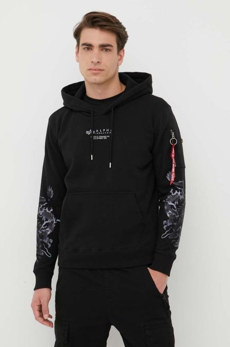 Кофта Alpha Industries чоловіча колір чорний з капюшоном з принтом (3122282)