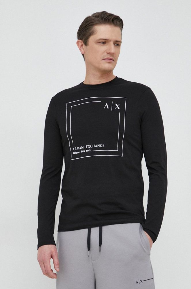 Бавовняний лонгслів Armani Exchange колір чорний візерунок