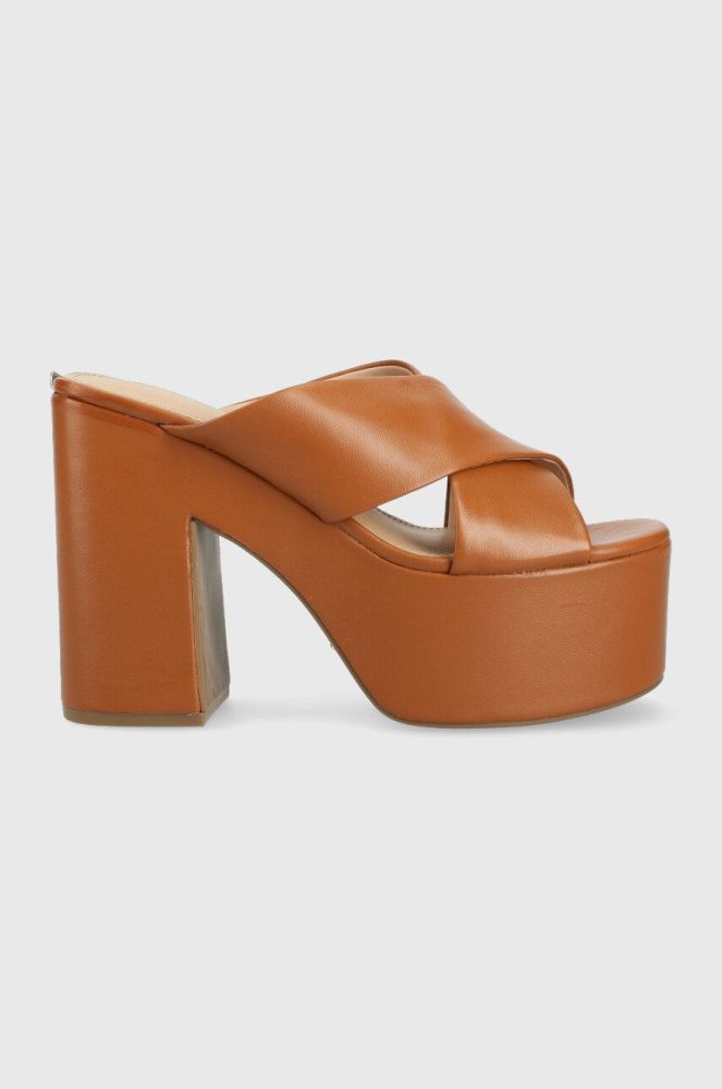 Шкіряні шльопанці Guess LANTZ2 жіночі колір коричневий каблук блок FL6TZ2 LEA03